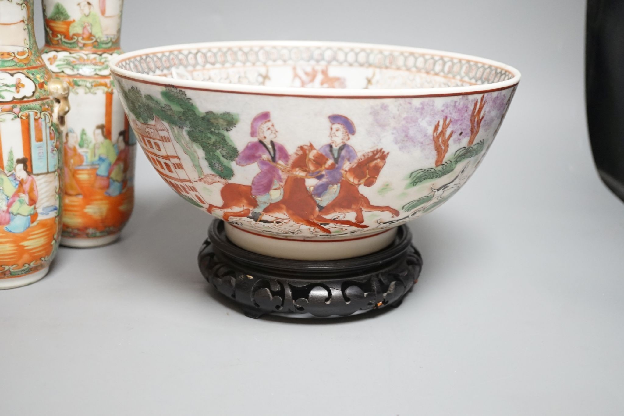 A pair of Chinese Canton famille rose vases and a bowl on stand